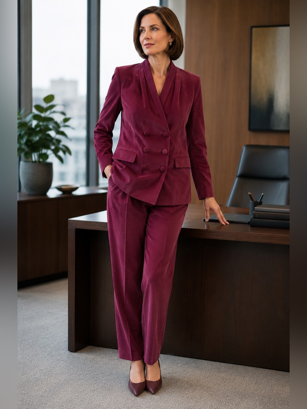 Vintage Jones New York Double-Breasted 100% Silk Pantsuit Wine Size 14 Petite